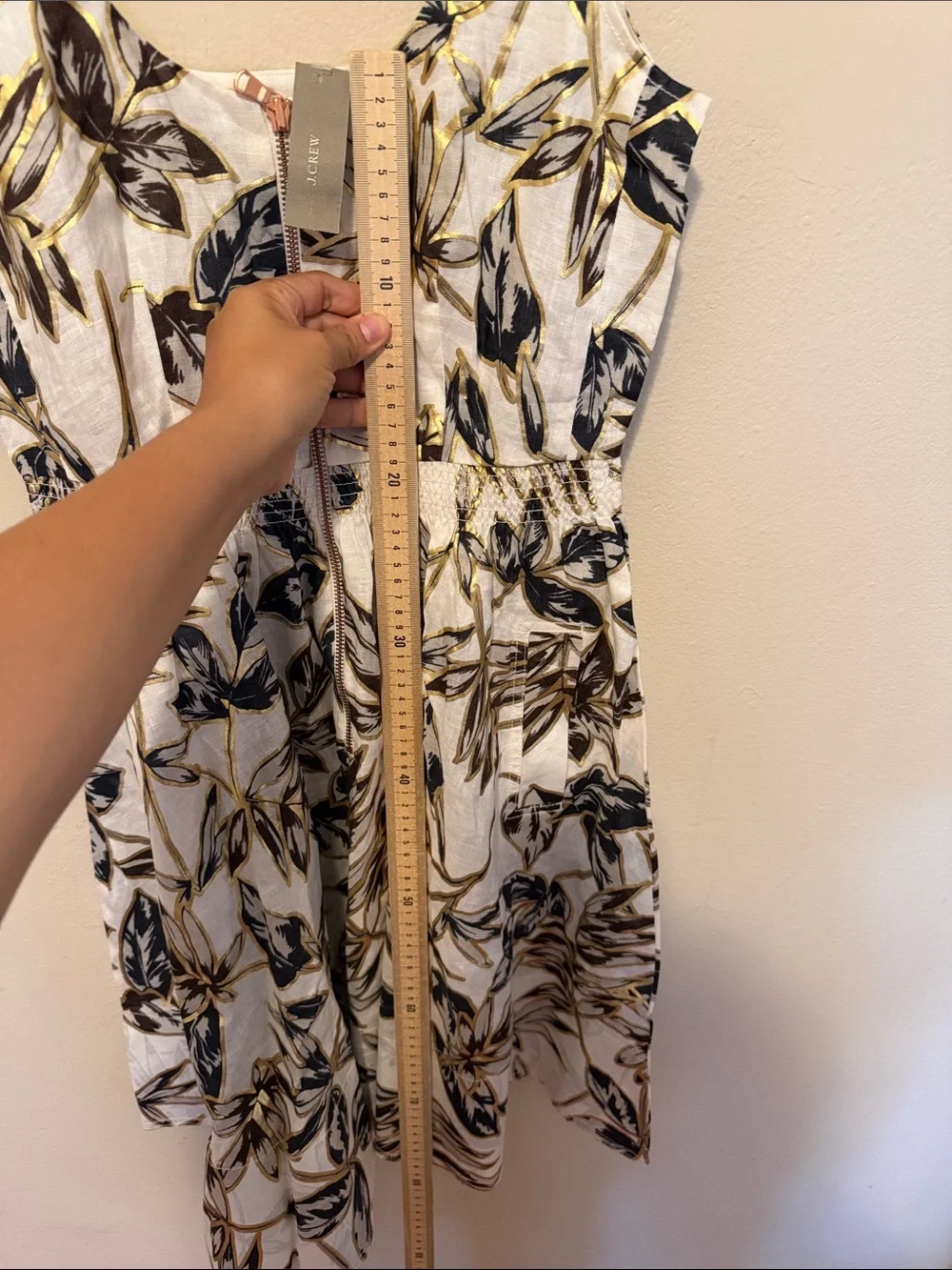 J. Crew White Midi Dress with Navy and Gold Leaf Pattern